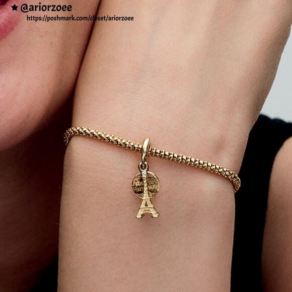 Pandora Paris Eiffel Tower Lab-Grown Diamond Engravable Double Dangle Charm - Picture 2 of 2